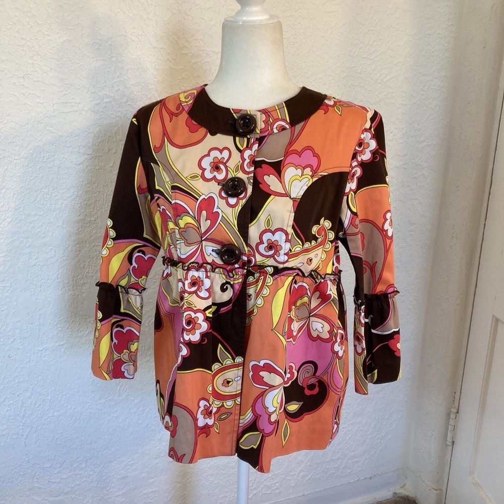 Bentley A. Mid Mod Floral Retro Jacket Top Orange Brown Pink Women’s Medium USA